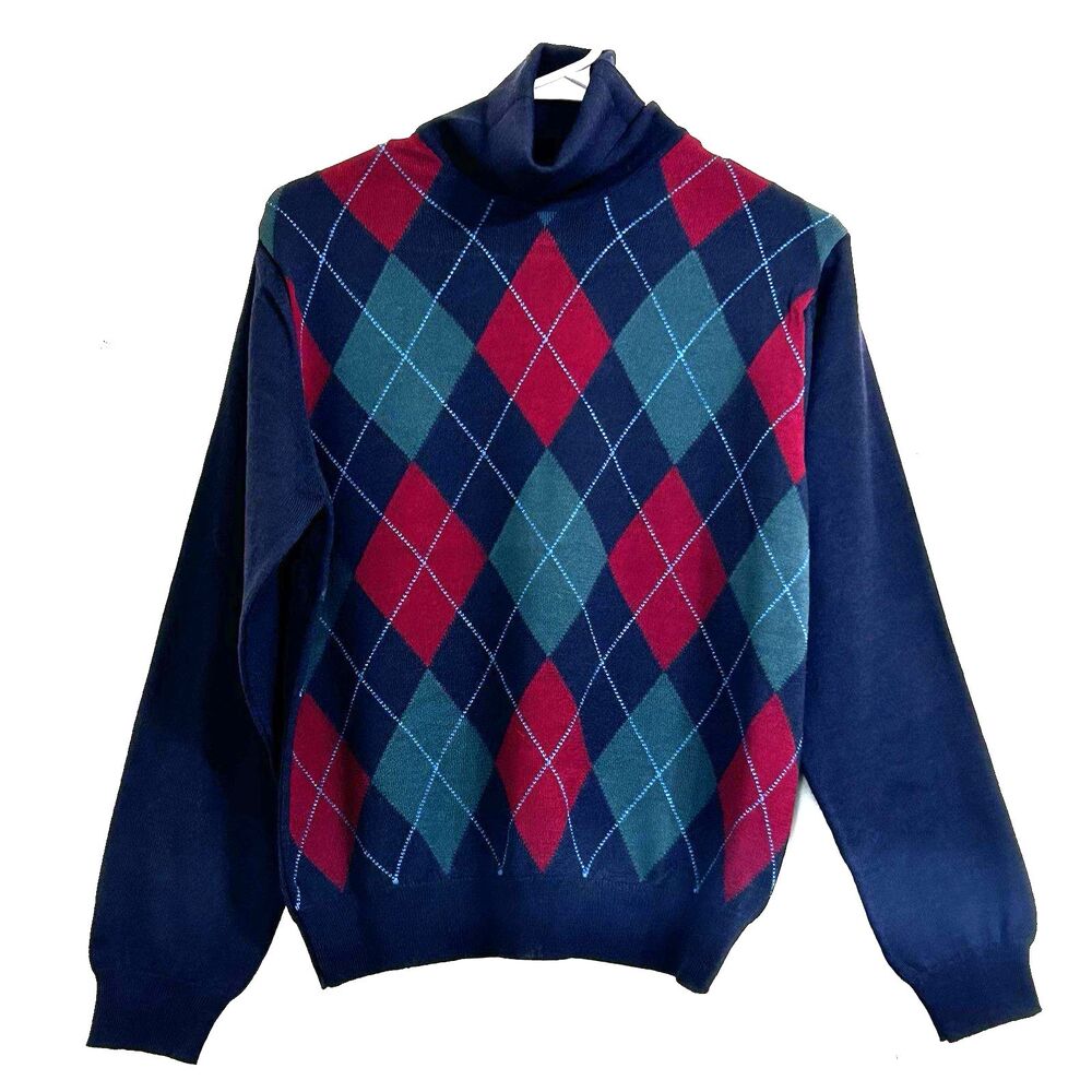 TALBOTS NEW Black Argyle Turtleneck Sweater Merino Wool Size S Petite Made Italy